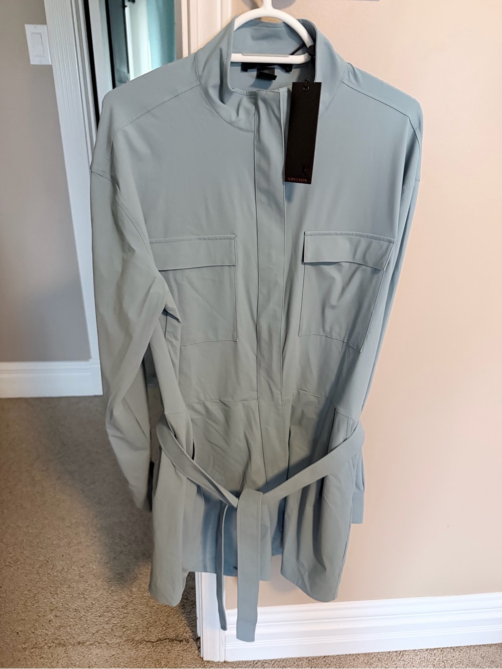 Greyson Light Green/Blue Utility Zip  Phoenix Romper with Waist Tie-New with tag - Picture 4 of 5